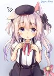  1girl animal_ear_fluff animal_ears azur_lane bell black_headwear black_skirt cat_ears cat_tail fingers_together hat jingle_bell kisaragi_(azur_lane) long_hair open_mouth pink_eyes pink_hair ribbon shirt short_sleeves skirt solo sou_(soutennkouchi) suspender_skirt suspenders tail tail_ornament tail_ribbon two_side_up upper_body white_shirt 