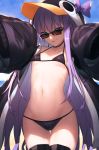  1girl :p animal_hood ass_visible_through_thighs bangs beach bikini black_bikini black_choker blue_eyes blue_sky breasts choker collarbone commentary_request day eyebrows_visible_through_hair fate/grand_order fate_(series) hair_between_eyes hood ibuki_notsu long_hair long_sleeves looking_at_viewer meltryllis meltryllis_(swimsuit_lancer)_(fate) navel outdoors penguin_hood purple_hair sky sleeves_past_fingers sleeves_past_wrists small_breasts smile solo sunglasses swimsuit thigh_gap tongue tongue_out very_long_hair 