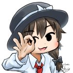  1girl avatar_icon bow brown_hair chamaji commentary eyebrows_visible_through_hair fedora hair_bow hat hat_bow hat_ribbon long_sleeves looking_at_viewer lowres necktie ok_sign red_neckwear ribbon shirt short_hair signature solo touhou upper_body usami_renko white_background white_bow white_shirt 
