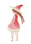  1girl ayu_(mog) bare_arms bare_shoulders barefoot braid brown_hair closed_eyes dress english_commentary food_print hat mixed-language_commentary original profile red_dress solo sparkle standing twin_braids watermelon_print 
