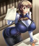  1girl absurdres braid breasts brown_hair desk goblin_slayer! green_eyes guild_girl_(goblin_slayer!) haganef highres huge_breasts looking_at_viewer open_mouth shirt single_braid tagme taut_clothes taut_shirt 