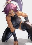  1girl 55level black_footwear black_leotard bleach boots breasts green_eyes high_heel_boots high_heels highres leotard long_hair muscle muscular_female one_knee ponytail purple_hair serious shadow shihouin_yoruichi sideboob slit_pupils solo thigh-highs thigh_boots vambraces white_background 
