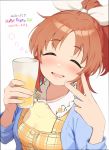  1girl 2020 :d ^_^ abe_nana alcohol beer blue_jacket bow closed_eyes hair_bow happy happy_birthday idolmaster idolmaster_cinderella_girls jacket lips omaru_gyuunyuu open_mouth orange_hair ponytail ribbon smile solo v 