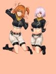  2girls ahoge bangs belt bike_shorts bike_shorts_under_shorts black_footwear black_shirt blush bodysuit_under_clothes boots breasts brown_belt brown_scarf commentary cosplay crop_top double_v eyebrows_visible_through_hair fate/grand_order fate_(series) fujimaru_ritsuka_(female) fujimaru_ritsuka_(female)_(cosplay) full_body grin groin hair_between_eyes hair_ornament hair_over_one_eye hair_scrunchie hands_up highres jumping knee_boots large_breasts lavender_hair looking_at_viewer mash_kyrielight midriff mochigana multiple_girls navel open_mouth orange_background orange_eyes orange_hair scarf scrunchie shirt short_hair shorts side_ponytail sidelocks simple_background smile true_ether_chaldea_uniform v violet_eyes white_shorts yellow_scrunchie 