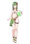  1girl ball beachball bikini closed_mouth cute fire_emblem fire_emblem:_mystery_of_the_emblem fire_emblem:_shadow_dragon fire_emblem_heroes flower full_body green_eyes green_hair hair_flower hair_ornament headband highres holding intelligent_systems long_hair nintendo palla_(fire_emblem) ruis_bacon simple_background smile solo summer swimsuit thigh_strap unofficial white_background white_headband 