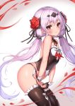  1girl bare_shoulders between_legs black_gloves black_legwear black_panties black_ribbon blush commentary_request crop_top ehart flower frilled_legwear garter_straps gloves hair_flower hair_ornament hair_ribbon hand_between_legs honkai_(series) honkai_impact_3rd long_hair panties petals red_eyes red_flower red_rose ribbon rose silver_hair solo tearing_up theresa_apocalypse theresa_apocalypse_(luna_kindred) thigh-highs twintails underwear very_long_hair 