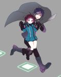  1boy 1girl ahoge amatori_chika bangs black_footwear black_gloves black_pants bob_cut boots cape closed_mouth fuko full_body gloves grey_background grey_cape height_difference holding_hands hopping long_sleeves looking_at_another looking_away looking_down mole mole_under_eye oki_kouji pants purple_footwear purple_hair redhead shorts simple_background smile uniform violet_eyes visor_cap walking world_trigger 