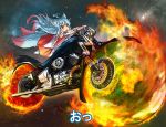  1girl ahoge animal_ear_fluff animal_ears blue_hair borrowed_character braid detached_sleeves doitsuken driving fire flying fox_ears fox_tail gradient_hair ground_vehicle japanese_clothes long_sleeves miko motor_vehicle motorcycle multicolored_hair multiple_tails original parted_lips pink_hair red_eyes red_skirt skirt sky solo star star_(sky) starry_background starry_sky tail two-tone_hair two_tails 