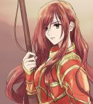  1girl altena_(fire_emblem) armor brown_eyes brown_hair fire_emblem fire_emblem:_genealogy_of_the_holy_war headband holding holding_weapon lance long_hair polearm red_armor simple_background tonton3 tonton318831 very_long_hair weapon 