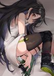  1girl armpits ass bare_arms bare_shoulders between_legs black_footwear black_hair black_legwear black_panties c-ms_(girls_frontline) cbj-ms closed_mouth colored_inner_hair dress girls_frontline gun holding jeynine9 knee_pads long_hair looking_at_viewer lying mole mole_under_eye multicolored_hair on_side panties red_eyes shoes short_dress single_thighhigh skindentation sleeveless sleeveless_dress solo submachine_gun thigh-highs thigh_strap underwear very_long_hair weapon white_dress 