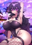  1girl :&lt; ahoge beach breasts fishnet_legwear fishnets highres huge_breasts long_hair looking_at_viewer nyarla_(osiimi) ocean one-piece_swimsuit original osiimi palm_tree purple_hair swimsuit thick_thighs thighs tree vaporwave violet_eyes 