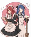  ! 2girls ? alternate_costume alternate_hair_length alternate_hairstyle apron arknights bangs black_dress black_nails blue_eyes blue_hair blush bow bowtie broom brown_eyes chinese_commentary circle commentary_request cowboy_shot dress enmaided exusiai_(arknights) eyebrows_visible_through_hair frilled_apron frills grin hair_over_one_eye hand_on_hip highres holding holding_pen horns locked_arms long_hair long_sleeves looking_at_viewer maid maid_apron maid_headdress mostima_(arknights) multiple_girls nail_polish neck_ribbon pen pesuto petticoat puffy_short_sleeves puffy_sleeves redhead ribbon short_sleeves smile spoken_exclamation_mark spoken_question_mark waist_apron white_apron white_background white_bow white_neckwear white_ribbon 