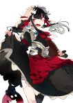  1girl apron bandaged_leg bandages bangs black_dress black_hair blush cross cross_earrings dress earrings eyebrows_visible_through_hair fangs frills hair_ornament hair_ribbon holding holding_tray jewelry karei long_hair maid maid_day open_mouth original red_apron red_eyes red_neckwear ribbon sidelocks simple_background skirt_hold solo tray twintails white_background 