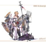  1girl blonde_hair blue_eyes breasts cannon cross flag high_heels highres holding holding_sword holding_weapon large_breasts machinery ponytail saint_george_(warship_girls_r) sidelocks solo sword thigh-highs turret warship_girls_r weapon white_ensign white_legwear windforcelan 