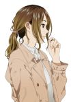  1girl brown_eyes brown_hair brown_jacket collared_shirt dress_shirt fingernails hair_twirling hand_up jacket long_hair long_sleeves looking_away low_ponytail mattaku_mousuke mole mole_under_eye open_clothes open_jacket original parted_lips ponytail shirt sidelocks simple_background solo upper_body white_background white_shirt 