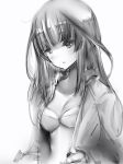  1girl ahoge bangs blush bra breasts copyright_request eyebrows_visible_through_hair greyscale highres long_sleeves medium_breasts monochrome nanashi_(nlo74593630) open_clothes open_shirt parted_lips simple_background solo underwear upper_body white_background 