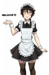  1girl :3 alternate_costume apron bangs black_hair black_legwear black_skirt commentary english_text enmaided freckles frilled_apron frills hair_between_eyes hand_up heart looking_at_viewer maid maid_day maid_headdress mari_(twrlare) original parted_lips puffy_short_sleeves puffy_sleeves short_hair short_sleeves simple_background skirt smile thigh-highs twrlare waist_apron white_apron white_background wrist_cuffs yellow_eyes 