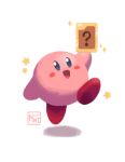  00s 1other 2000 :d ? card commentary creature english_commentary full_body hal_laboratory_inc. happy highres holding holding_card hoshi_no_kirby hoshi_no_kirby_64 jumping kirby kirby_(series) kirby_(specie) kirby_64 looking_at_viewer male mintfoox nintendo no_humans open_mouth pink_puff_ball question_mark signature simple_background smile solo sparkle white_background 