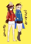  2girls ahoge artoria_pendragon_(all) bangs barefoot baseball_cap black_hair black_headwear black_shorts blonde_hair blue_jacket blue_scarf boots breasts brown_footwear closed_eyes closed_mouth cosplay family_crest fate/grand_order fate_(series) feet full_body green_eyes hair_through_headwear hands_in_pockets hat headphones headphones_around_neck highres jacket knee_boots kodamari legs long_hair miniskirt multiple_girls mysterious_heroine_x mysterious_heroine_x_(cosplay) oda_nobunaga_(fate)_(all) oda_nobunaga_(swimsuit_berserker)_(fate) oda_uri peaked_cap ponytail red_jacket rojiura_satsuki:_chapter_heroine_sanctuary scarf shorts simple_background skirt smile track_jacket translation_request white_skirt yellow_background 