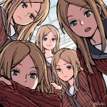  5girls brown_hair ceiling clone closed_mouth covered_mouth dutch_angle flat_chest frown furrowed_eyebrows green_eyes hand_up highres konami_kirie long_hair long_sleeves looking_at_viewer multiple_girls necktie open_mouth otsuzaka school_uniform serafuku smile sweater world_trigger 