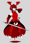  1girl 2020 absurdres armor blood floating full_body highres holding holding_sword holding_weapon looking_at_viewer monochrome original parted_lips pointy_ears red_eyes redhead short_hair showgirl_skirt smile solo sword taggo weapon 