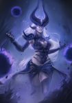  1girl absurdres breasts claws dated fingerless_gloves floating_hair gloves glowing glowing_eyes highres league_of_legends long_hair parted_lips purple_gloves purple_legwear raion_rennes signature solo syndra vambraces violet_eyes white_hair 