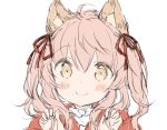  1girl ahoge animal_ear_fluff animal_ears bangs blush brown_eyes capelet closed_mouth commentary_request eyebrows_visible_through_hair hair_between_eyes hair_ribbon hands_up long_hair looking_at_viewer original pink_hair red_capelet red_ribbon ribbon sidelocks simple_background sketch smile solo twintails upper_body wataame27 white_background wolf-chan_(wataame27) wolf_ears 