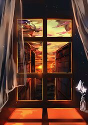  building clouds cloudy_sky commentary_request daima_hmw dated evening flower highres indoors no_humans original scenery signature sky sunset twilight vase white_flower window yellow_sky 