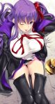  1girl bb_(fate)_(all) bb_(fate/extra_ccc) black_cape black_legwear boots breasts cape collared_leotard fate/extra fate/extra_ccc fate/grand_order fate_(series) from_above hair_ribbon highres large_breasts leotard long_hair looking_at_viewer one_eye_closed purple_hair rakia_(ds00309) ribbon sitting solo taut_clothes thigh-highs thigh_boots tongue tongue_out very_long_hair violet_eyes white_leotard 