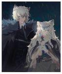 1boy 1girl arknights bangs braid cat_boy cat_girl cloak clouds cloudy_sky earrings fluffy highres jewelry long_hair milky_eyes mrilsweet pramanix_(arknights) rain silverash_(arknights) sky tagme white_eyes white_hair zipper