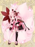  animal_ears dairoku_youhei fox_ears fox_tail full_body geta hand_on_own_knee hauchiwa hitodama l_(matador) leaning_forward long_hair mask mask_on_head over_shoulder pink_hair pink_skirt red_eyes simple_background single_thighhigh skirt smile solo tail tengu_mask thigh-highs very_long_hair wide_sleeves yellow_background 
