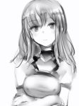  1girl alice_gear_aegis breasts closed_mouth covered_nipples crossed_arms expressionless greyscale highres jitome looking_at_viewer medium_breasts medium_hair monochrome nanashi_(nlo74593630) simple_background solo upper_body white_background yotsuya_yumi 
