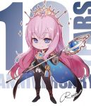 1girl anniversary blue_eyes boots cape chibi closed_mouth crown epaulettes eyelashes full_body holding long_hair megurine_luka pink_hair rahwia scepter signature simple_background vocaloid white_background 