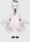  1girl absurdres angel_wings bangs barefoot chain cuffs denki_ryu dress eyebrows_visible_through_hair frilled_shirt_collar frills hair_between_eyes halo highres long_hair looking_at_viewer original red_eyes simple_background sleeveless sleeveless_dress solo twintails very_long_hair white_dress white_hair wings 