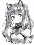  1girl animal_ears bare_shoulders blush cat_ears closed_mouth copyright_request elbow_gloves gloves greyscale highres long_hair looking_at_viewer mini_necktie monochrome nanashi_(nlo74593630) simple_background solo twintails upper_body white_background 