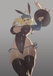  1girl animal_ears artoria_pendragon_(all) black_legwear blonde_hair blue_eyes breasts bunny_girl eu03 fate/grand_order fate_(series) grey_background hat leotard long_hair looking_at_viewer mysterious_heroine_xx_(foreigner) open_mouth rabbit_ears solo thigh-highs thighs tray 