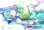  1girl akino_coto aqua_eyes aqua_hair commentary hair_ribbon hatsune_miku hatsune_miku_graphy_collection holding_spring_onion holding_toy long_hair looking_at_viewer looking_to_the_side lying on_back pajamas ribbon spring_onion stuffed_toy twintails very_long_hair vocaloid 