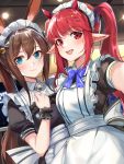  2girls :d absurdres alternate_costume amiya_(arknights) animal_ears apron arknights bell blue_bow blue_eyes blue_neckwear blush bow bowtie brown_hair chinese_commentary commentary_request highres horns indoors jingle_bell lan_yu long_hair looking_at_viewer maid_apron maid_headdress multiple_girls open_mouth pointy_ears ponytail rabbit_ears red_eyes redhead smile twintails upper_body vigna_(arknights) wrist_cuffs 