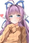  1girl absurdres animal_ears azur_lane blue_eyes blush brown_sweater calligraphy_brush calligraphy_brush_(medium) close-up dress earmuffs eyebrows_visible_through_hair gradient gradient_background graphite_(medium) hair_ribbon heart highres long_hair long_sleeves looking_at_viewer moyoron paintbrush purple_hair ribbon smile solo sweater sweater_dress tashkent_(azur_lane) traditional_media very_long_hair 