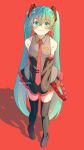  1girl aqua_eyes aqua_hair bare_shoulders black_legwear black_skirt black_sleeves boots commentary detached_sleeves full_body grey_shirt hair_ornament hands_together hatsune_miku long_hair looking_at_viewer necktie pleated_skirt red_background red_neckwear shadow shirt shoulder_tattoo skirt sleeveless sleeveless_shirt sleeves_past_fingers sleeves_past_wrists smile solo standing tattoo thigh-highs thigh_boots twintails twitter_username uyo_oto very_long_hair vocaloid 