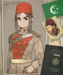  1boy 1girl brown_eyes brown_hair closed_mouth expressionless eyebrows_visible_through_hair fez_hat highres kaiserreich long_sleeves looking_at_viewer military original photo_(object) pzkpfwi red_headwear short_hair short_hair_with_long_locks sidelocks 