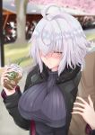  1girl absurdres ahoge bangs black_jacket black_sweater blush breasts closed_mouth contemporary cup disposable_cup fate/grand_order fate_(series) hair_between_eyes highres isane jacket jeanne_d&#039;arc_(alter)_(fate) jeanne_d&#039;arc_(fate)_(all) large_breasts long_sleeves looking_at_viewer ribbed_sweater short_hair silver_hair sweater yellow_eyes 