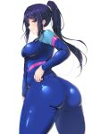  1girl absurdres ass bangs blue_bodysuit blue_hair blush bodysuit breasts closed_mouth cowboy_shot from_side hair_tie half-closed_eyes hand_on_hip high_ponytail highres light_smile long_hair looking_at_viewer looking_back love_live! love_live!_sunshine!! matsuura_kanan medium_breasts ponytail shinonon_(iso_shino) shiny shiny_clothes shiny_hair sidelocks simple_background skin_tight smile solo standing swept_bangs tail thick_thighs thighs turtleneck violet_eyes wetsuit white_background zipper 