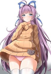  1girl absurdres animal_ears azur_lane blue_eyes blush brown_sweater calligraphy_brush calligraphy_brush_(medium) earmuffs eyebrows_visible_through_hair gradient gradient_background graphite_(medium) hair_ribbon heart highres long_hair long_sleeves looking_at_viewer moyoron paintbrush panties pantyshot pink_panties purple_hair ribbon solo sweater tashkent_(azur_lane) thigh-highs traditional_media underwear very_long_hair 