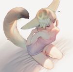  1girl animal_ears bangs bare_shoulders bed_sheet between_legs blonde_hair breasts brown_eyes collarbone commentary fennec_(kemono_friends) fox_ears fox_girl fox_tail from_above hair_flip hand_between_legs highres kemono_friends looking_away mifu_(b24vc1) naked_towel pink_towel sitting small_breasts solo tail towel 