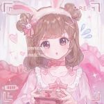  battery_indicator bow brown_hair commentary commentary_request commission controller copyright_request dress headband heart highres looking_at_viewer maccha_(mochancc) nail_polish neck_ribbon open_mouth pillow pink_dress recording ribbon sparkle tagme violet_eyes 