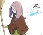  2girls alternate_costume artist_name broom brown_hair closed_mouth expressionless grey_skin hair_over_one_eye highres holding holding_broom kagari_atsuko little_witch_academia long_hair long_sleeves looking_at_viewer multiple_girls red_eyes snow snowing snowman sucy_manbavaran woogleboy 