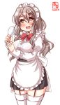  1girl alcohol alternate_costume apron artist_logo black_dress blush brown_eyes cowboy_shot cup dated dress drinking_glass drunk enmaided frilled_apron frilled_dress frills garter_straps grey_hair highres kanon_(kurogane_knights) kantai_collection long_sleeves looking_at_viewer maid maid_apron maid_dress maid_headdress open_mouth pola_(kantai_collection) puffy_sleeves simple_background solo thick_eyebrows thigh-highs wavy_hair white_apron white_background white_legwear 
