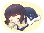  1girl bangs black_hair blanket blunt_bangs blush braid chibi closed_eyes commentary_request hair_ribbon kantai_collection kitakami_(kantai_collection) komi_zumiko long_hair long_sleeves lying on_stomach open_mouth pillow ribbon sidelocks single_braid sleeping solo tress_ribbon 