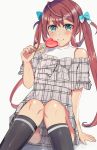  1girl alternate_costume asagumo_(kantai_collection) black_legwear blush brown_hair candy dress eyebrows_visible_through_hair feet_out_of_frame food green_eyes hair_between_eyes hair_ribbon highres holding_lollipop kantai_collection kneehighs lollipop long_hair miyako_(00727aomiyako) off-shoulder_dress off_shoulder plaid plaid_dress ribbon short_sleeves smile solo twintails 